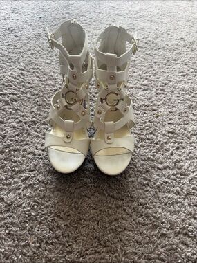 G by Guess White Strappy Gladiator Sandals with Gold Hardware